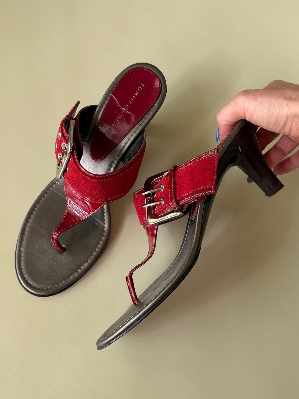 Tommy Hilfiger Red Buckle Thong Heeled Sandals